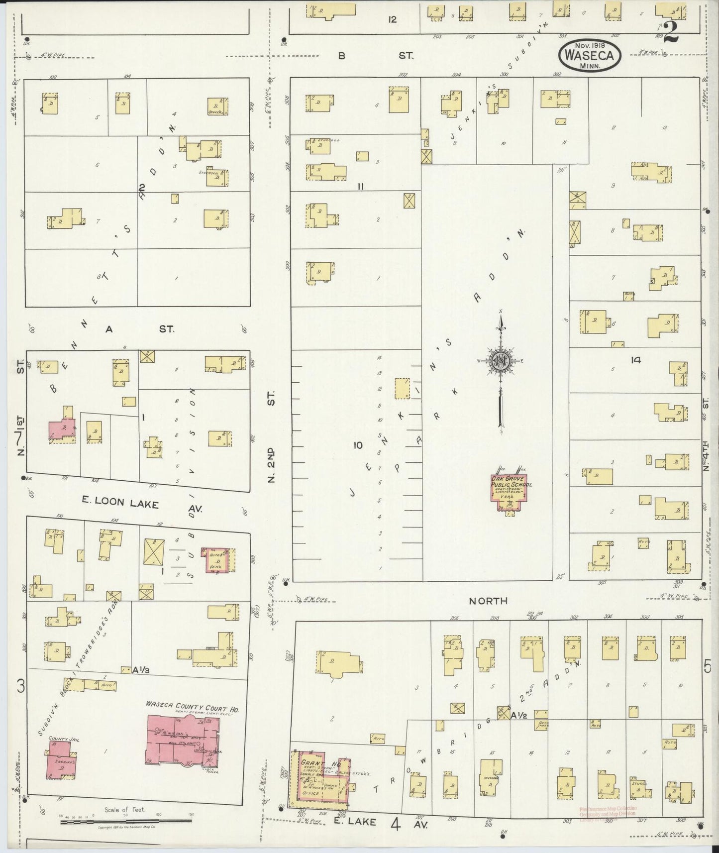 Sanborn Fire Insurance Map from Waseca, Waseca County, Minnesota (1919), Sheet #0002 - Historic Sanborn Fire Insurance Map Print, vintage old map wall art, antique decor, genealogy gift, Minnesota Minnesota map