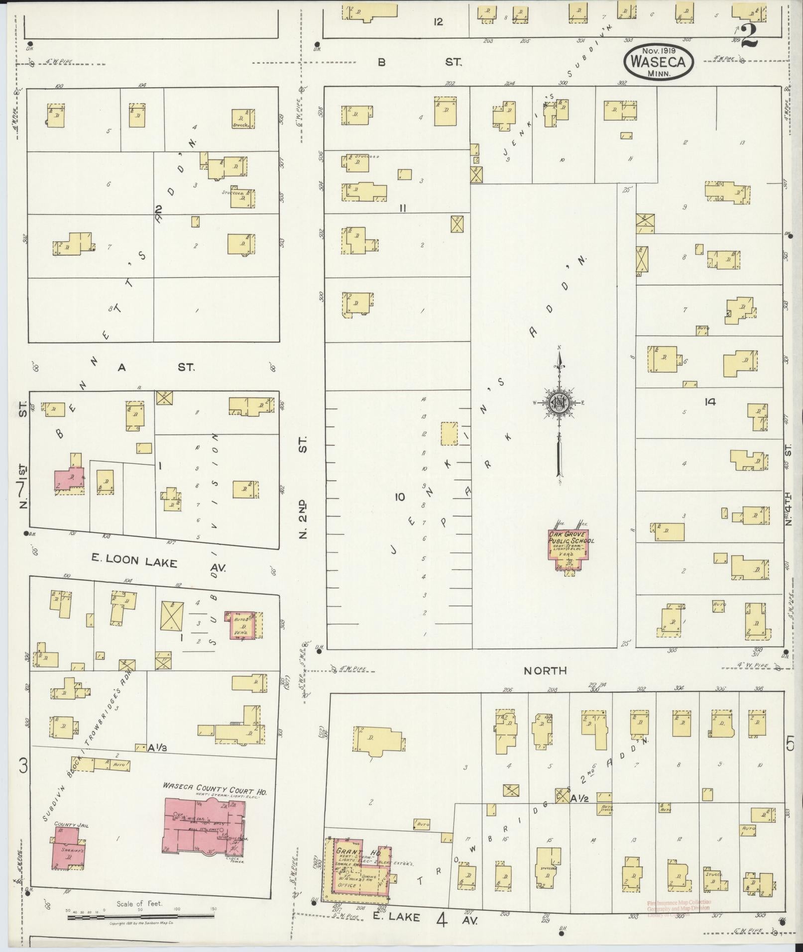 Sanborn Fire Insurance Map from Waseca, Waseca County, Minnesota (1919), Sheet #0002 - Historic Sanborn Fire Insurance Map Print, vintage old map wall art, antique decor, genealogy gift, Minnesota Minnesota map