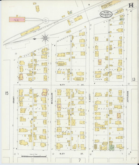 Sanborn Fire Insurance Map from Wausau, Marathon County, Wisconsin (1898), Sheet #0014 - Historic Sanborn Fire Insurance Map Print, vintage old map wall art, antique decor, genealogy gift, Wisconsin Wisconsin map