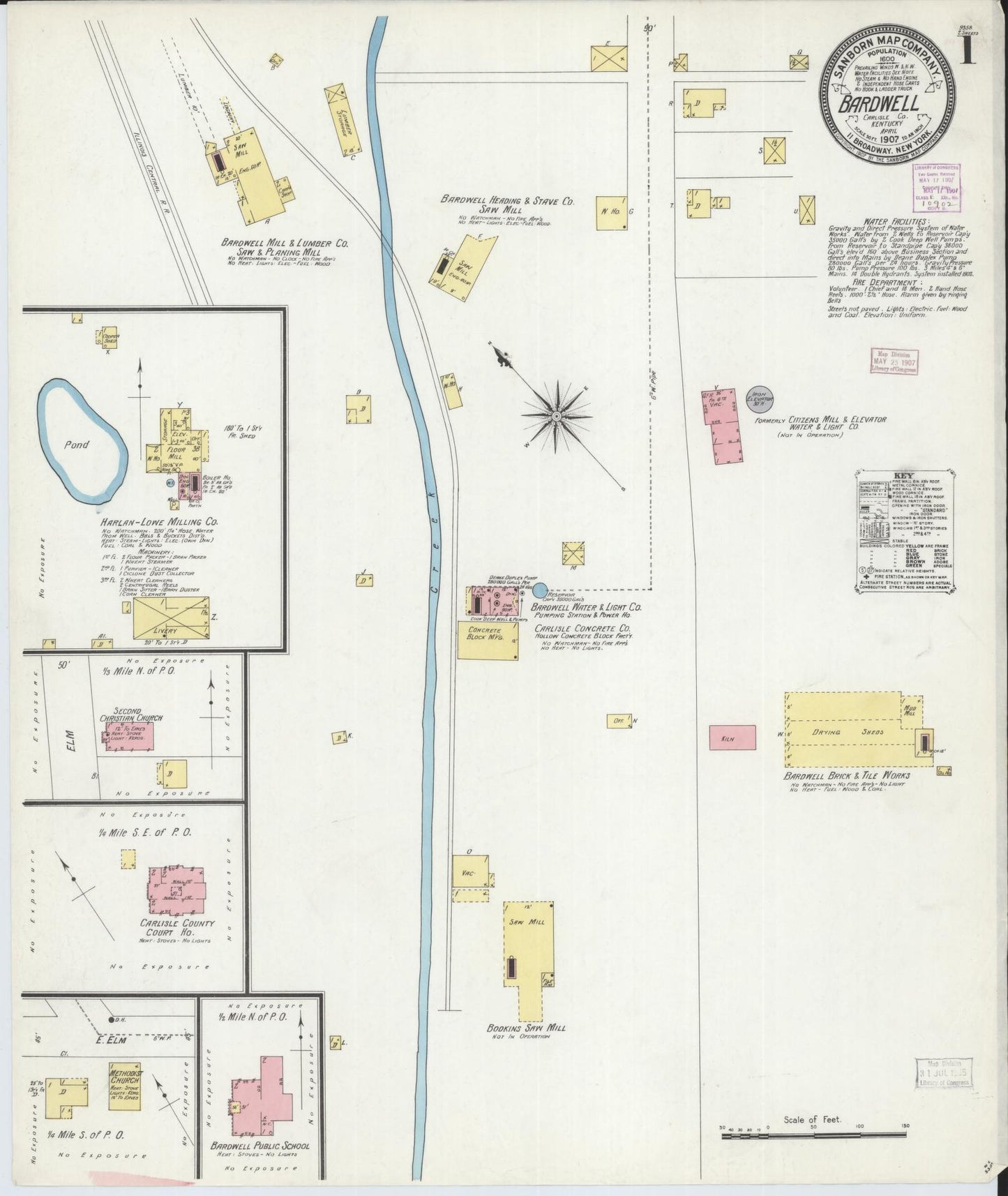 Sanborn Fire Insurance Map from Bardwell, Carlisle County, Kentucky (1907), Sheet #0001 - Complete Map Set gallery image, historic Sanborn map, vintage wall art, Kentucky Kentucky