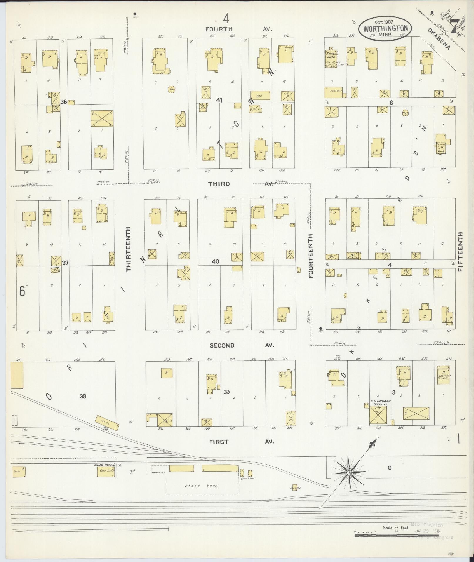 Sanborn Fire Insurance Map from Worthington, Nobles County, Minnesota (1907), Sheet #0007 - Complete Map Set gallery image, historic Sanborn map, vintage wall art, Minnesota Minnesota