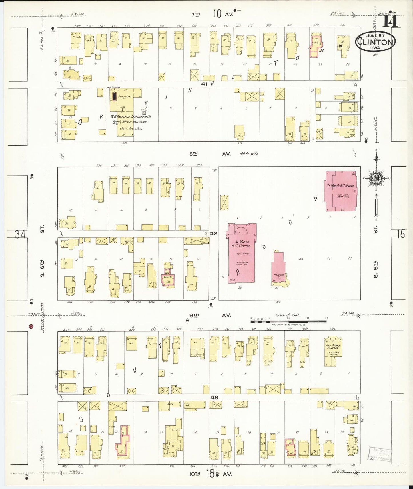 Sanborn Fire Insurance Map from Clinton, Clinton County, Iowa (1917), Sheet #0014 - Historic Sanborn Fire Insurance Map Print, vintage old map wall art