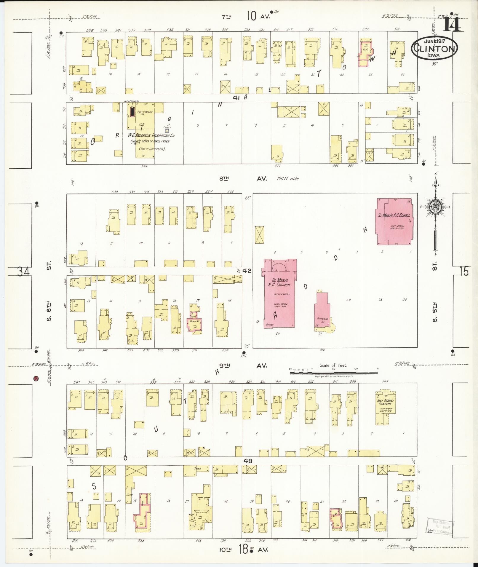 Sanborn Fire Insurance Map from Clinton, Clinton County, Iowa (1917), Sheet #0014 - Historic Sanborn Fire Insurance Map Print, vintage old map wall art