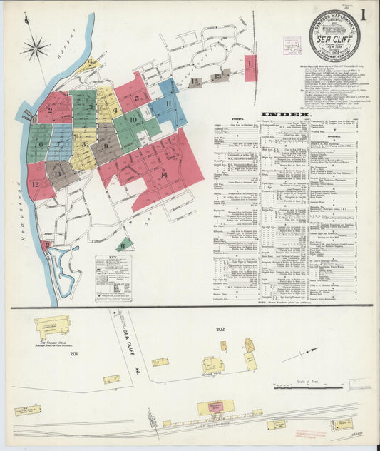 Sanborn Fire Insurance Map from Sea Cliff, Nassau County, New York (1908), Sheet #0001 - Historic Sanborn Fire Insurance Map Print, vintage old map wall art, antique decor, genealogy gift, New York New York map