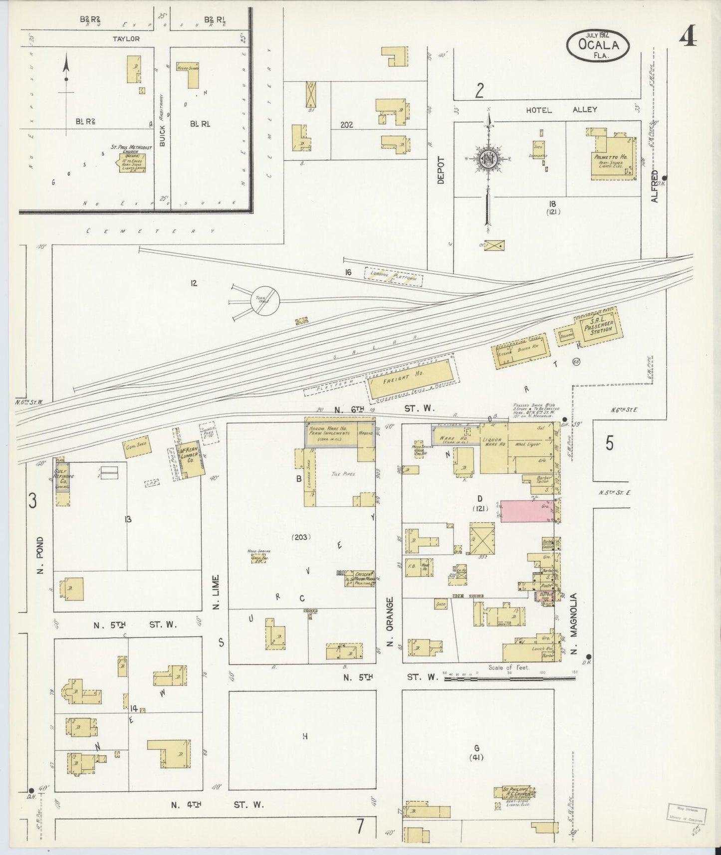 Sanborn Fire Insurance Map from Ocala, Marion County, Florida (1912), Sheet #0004 - Historic Sanborn Fire Insurance Map Print, vintage old map wall art, antique decor, genealogy gift, Florida Florida map