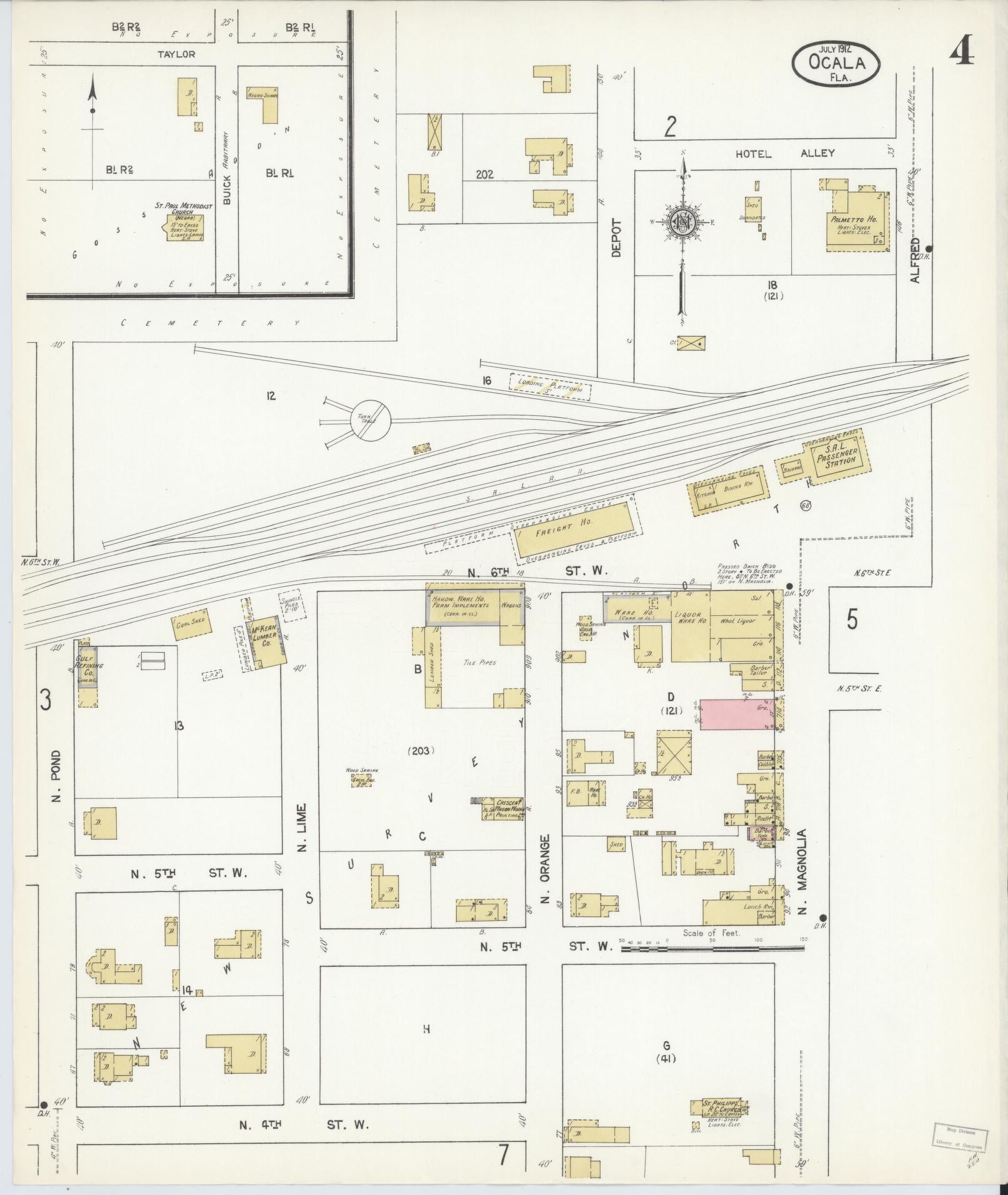 Sanborn Fire Insurance Map from Ocala, Marion County, Florida (1912), Sheet #0004 - Historic Sanborn Fire Insurance Map Print, vintage old map wall art, antique decor, genealogy gift, Florida Florida map