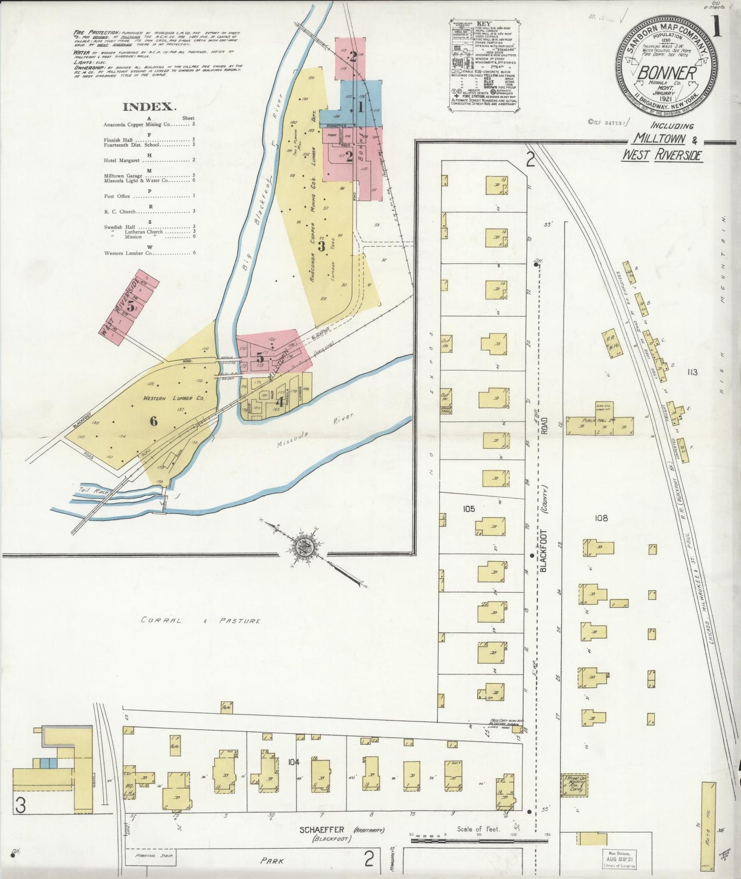 Sanborn Fire Insurance Map from Bonner, Missoula County, Montana (1921), Sheet #0001 - Complete Map Set gallery image, historic Sanborn map, vintage wall art, Montana Montana
