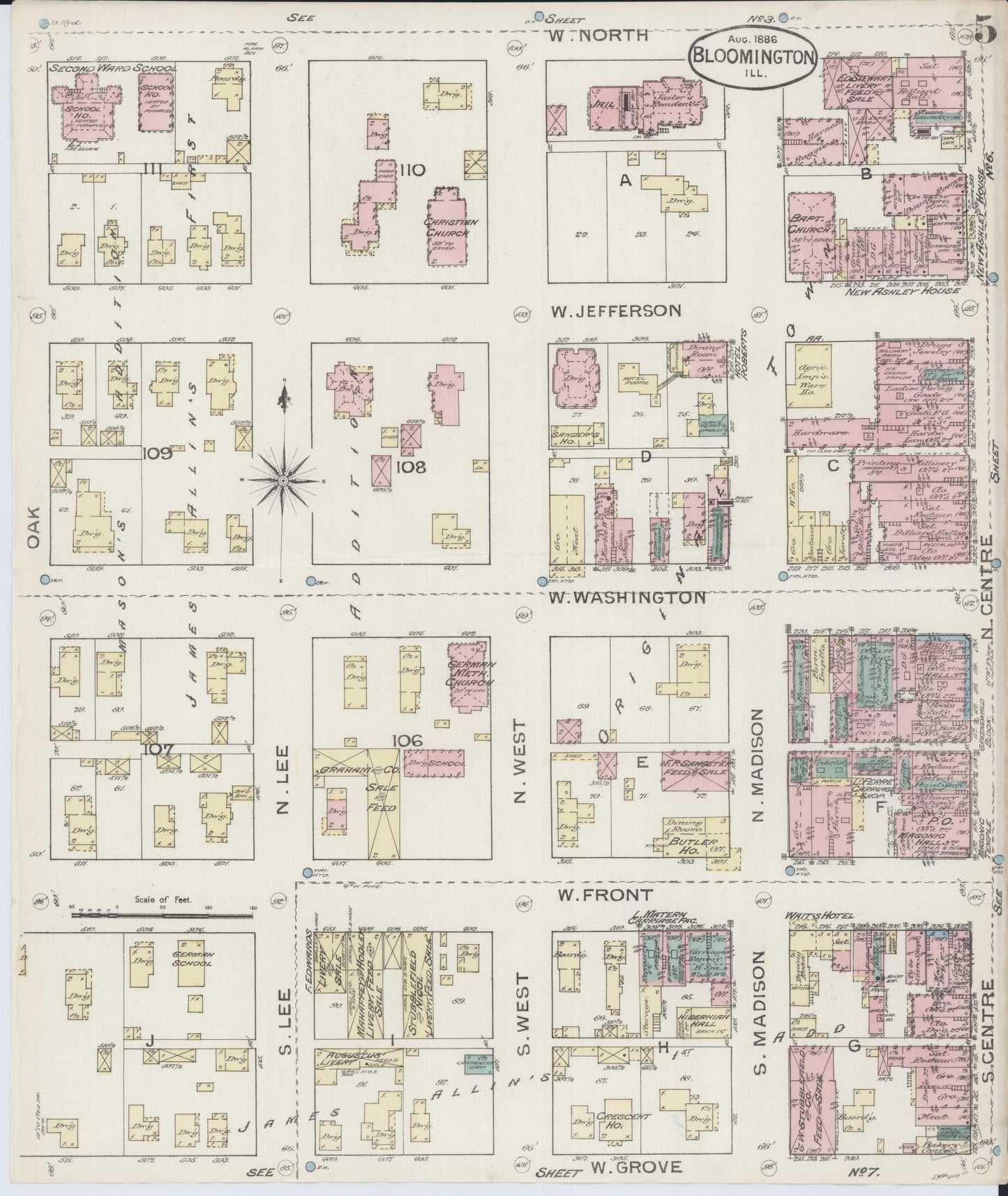 Sanborn Fire Insurance Map from Bloomington, McLean County, Illinois (1886), Sheet #0005 - Historic Sanborn Fire Insurance Map Print, vintage old map wall art, antique decor, genealogy gift, Illinois Illinois map