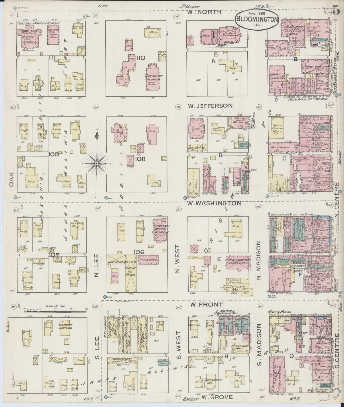 Sanborn Fire Insurance Map from Bloomington, McLean County, Illinois (1886), Sheet #0005 - Historic Sanborn Fire Insurance Map Print, vintage old map wall art, antique decor, genealogy gift, Illinois Illinois map