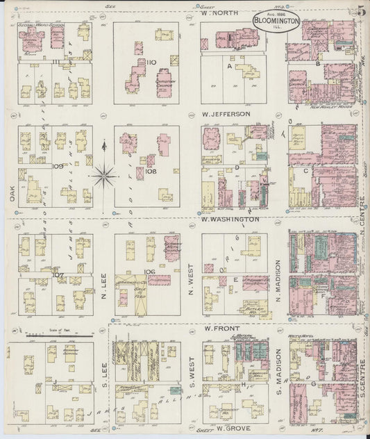 Sanborn Fire Insurance Map from Bloomington, McLean County, Illinois (1886), Sheet #0005 - Historic Sanborn Fire Insurance Map Print, vintage old map wall art, antique decor, genealogy gift, Illinois Illinois map