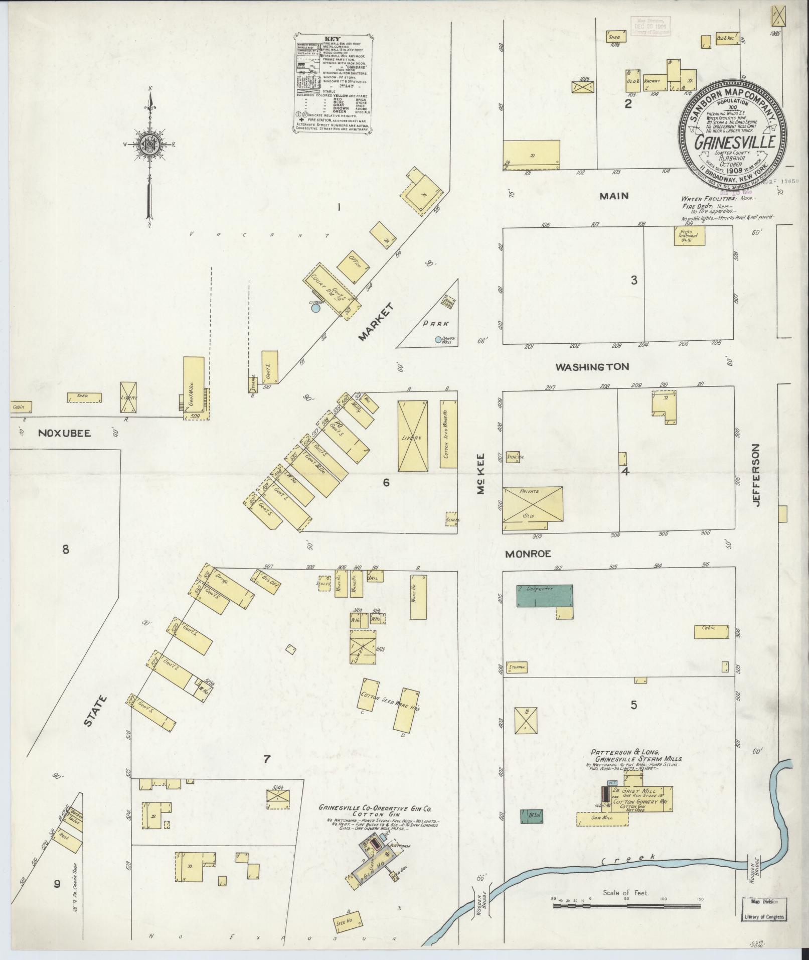 Sanborn Fire Insurance Map from Gainesville, Sumter County, Alabama (1909), Sheet #0001 - Historic Sanborn Fire Insurance Map Print, vintage old map wall art, antique decor, genealogy gift, Alabama Alabama map
