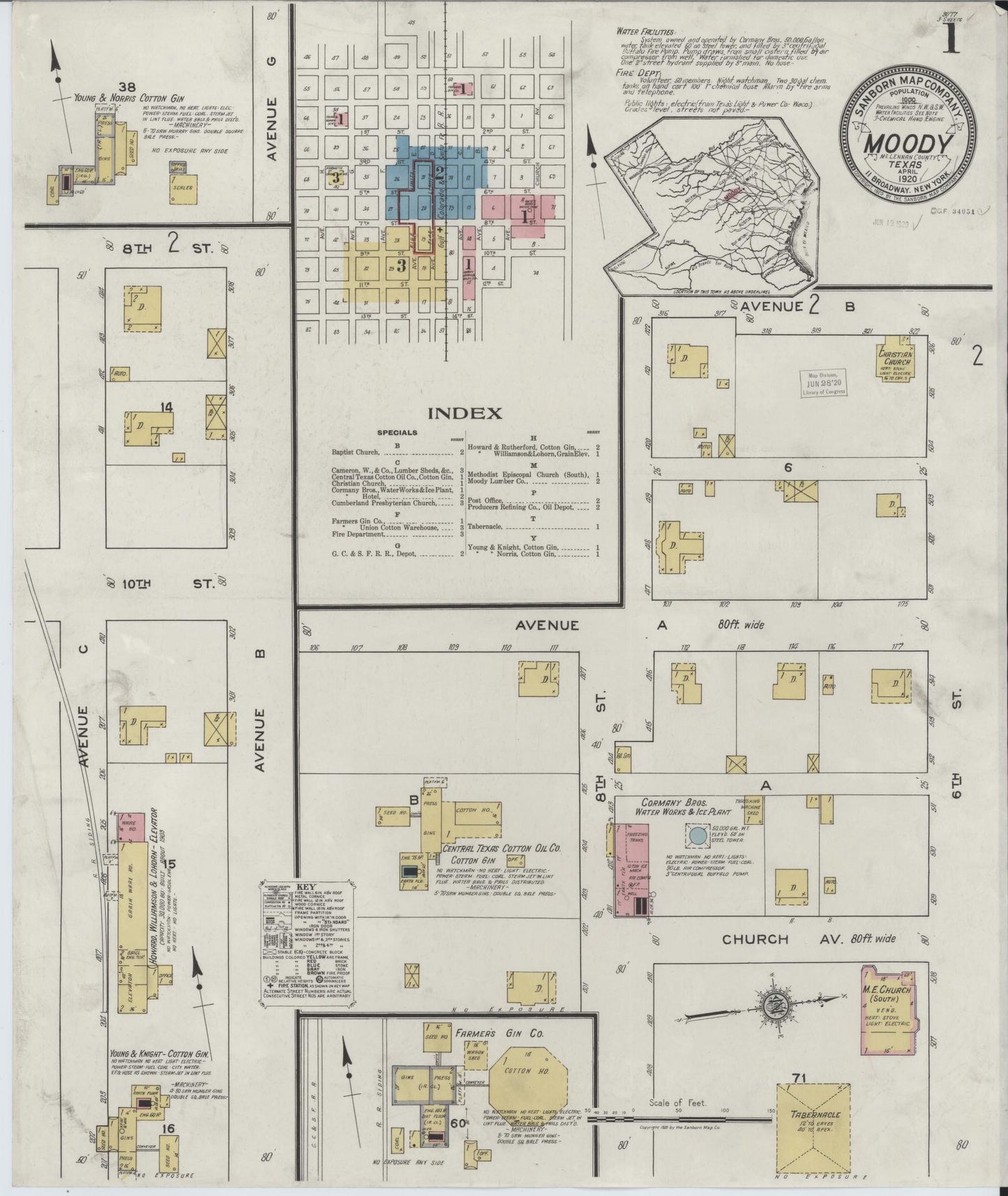Sanborn Fire Insurance Map from Moody, McLennan County, Texas (1920), Sheet #0001 - Historic Sanborn Fire Insurance Map Print, vintage old map wall art, antique decor, genealogy gift, Texas Texas map