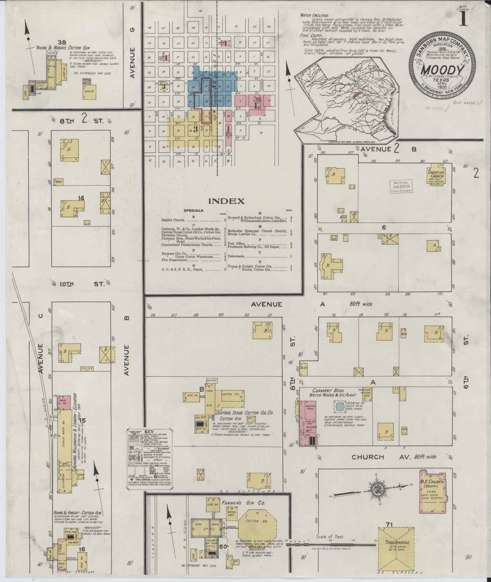 Sanborn Fire Insurance Map from Moody, McLennan County, Texas (1920), Sheet #0001 - Historic Sanborn Fire Insurance Map Print, vintage old map wall art, antique decor, genealogy gift, Texas Texas map