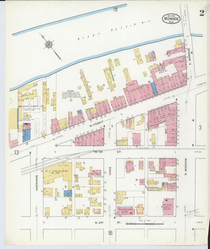 Sanborn Fire Insurance Map from Monroe, Monroe County, Michigan (1916), Sheet #0002 - Historic Sanborn Fire Insurance Map Print, vintage old map wall art, antique decor, genealogy gift, Michigan Michigan map