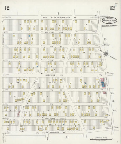 Sanborn Fire Insurance Map from Merchantville, Camden County, New Jersey (1925), Sheet #0012 - Historic Sanborn Fire Insurance Map Print, vintage old map wall art, antique decor, genealogy gift, New Jersey New Jersey map