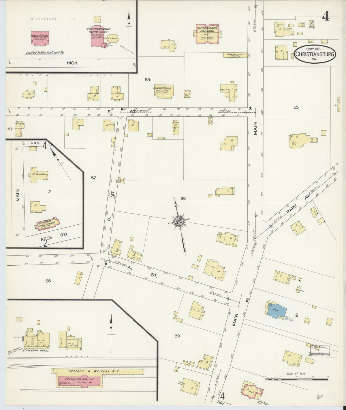 Sanborn Fire Insurance Map from Christiansburg, Montgomery County, Virginia (1913), Sheet #0004 - Historic Sanborn Fire Insurance Map Print, vintage old map wall art, antique decor, genealogy gift, Virginia Virginia map