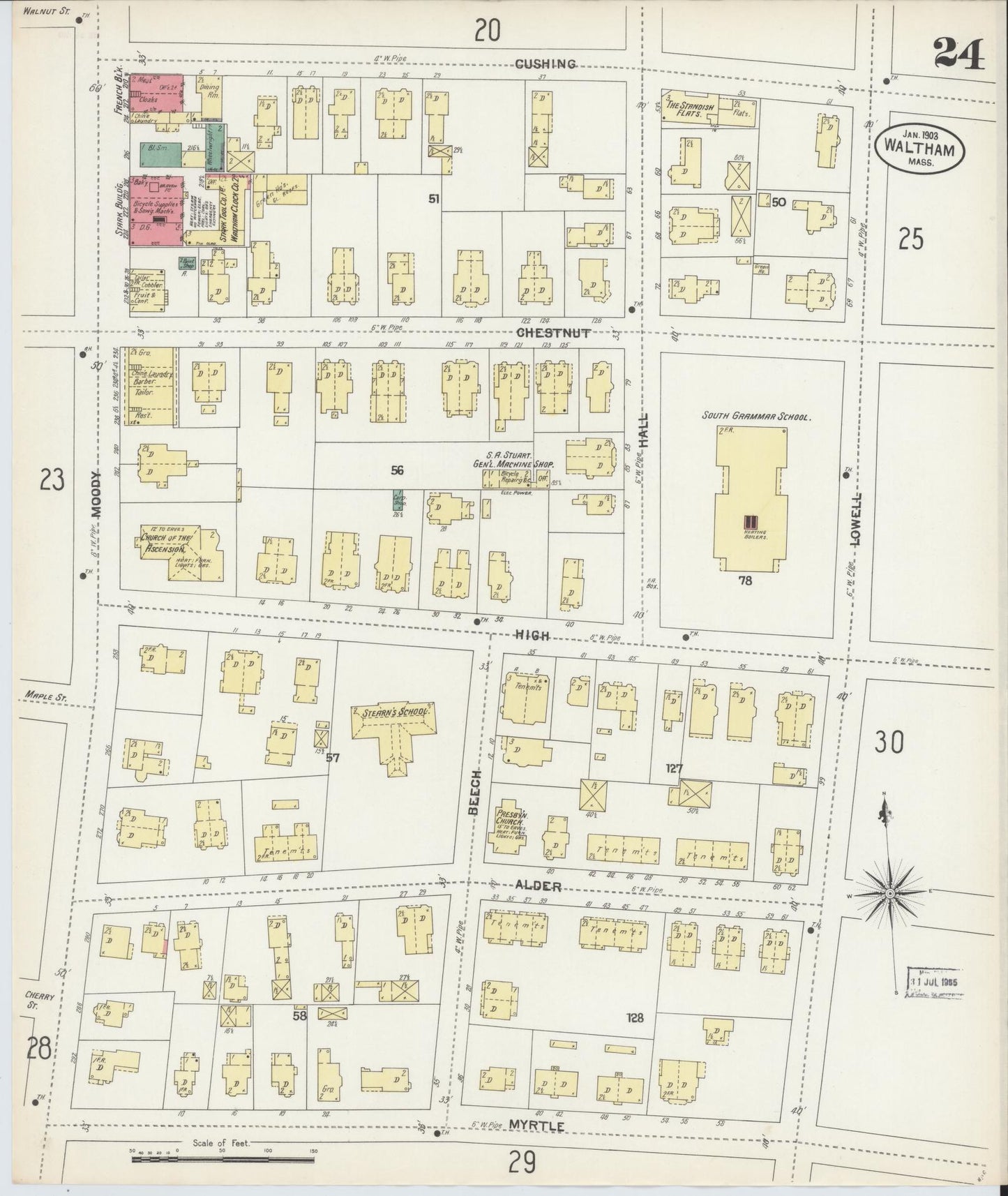 Sanborn Fire Insurance Map from Waltham, Middlesex County, Massachusetts (1903), Sheet #0024 - Complete Map Set gallery image, historic Sanborn map, vintage wall art, Massachusetts Massachusetts