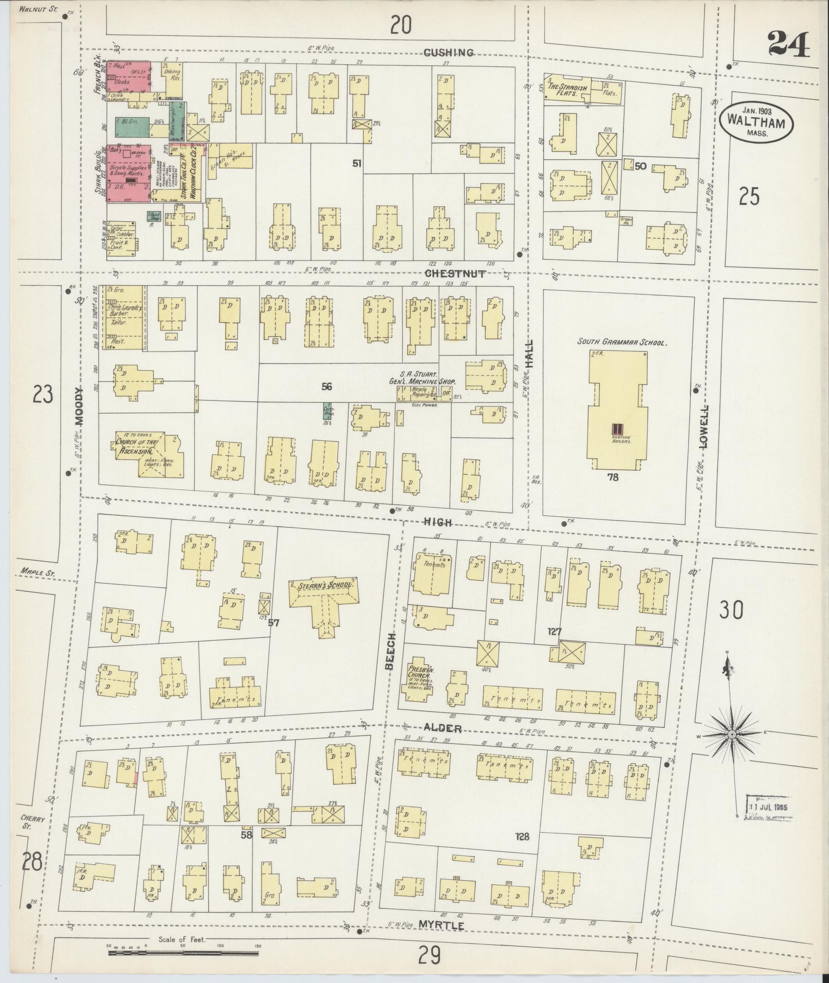 Sanborn Fire Insurance Map from Waltham, Middlesex County, Massachusetts (1903), Sheet #0024 - Complete Map Set gallery image, historic Sanborn map, vintage wall art, Massachusetts Massachusetts