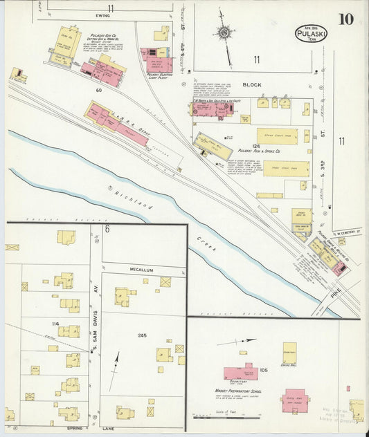 Sanborn Fire Insurance Map from Pulaski, Giles County, Tennessee (1916), Sheet #0010 - Historic Sanborn Fire Insurance Map Print, vintage old map wall art, antique decor, genealogy gift, Tennessee Tennessee map