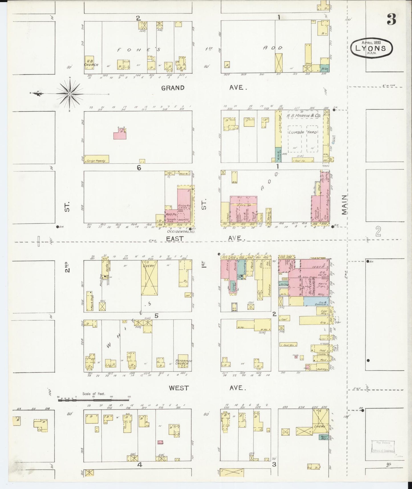 Sanborn Fire Insurance Map from Lyons, Rice County, Kansas (1893), Sheet #0003 - Complete Map Set gallery image, historic Sanborn map, vintage wall art, Kansas Kansas