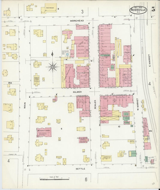Sanborn Fire Insurance Map from Reidsville, Rockingham County, North Carolina (1908), Sheet #0005 - Historic Sanborn Fire Insurance Map Print, vintage old map wall art, antique decor, genealogy gift, North Carolina North Carolina map