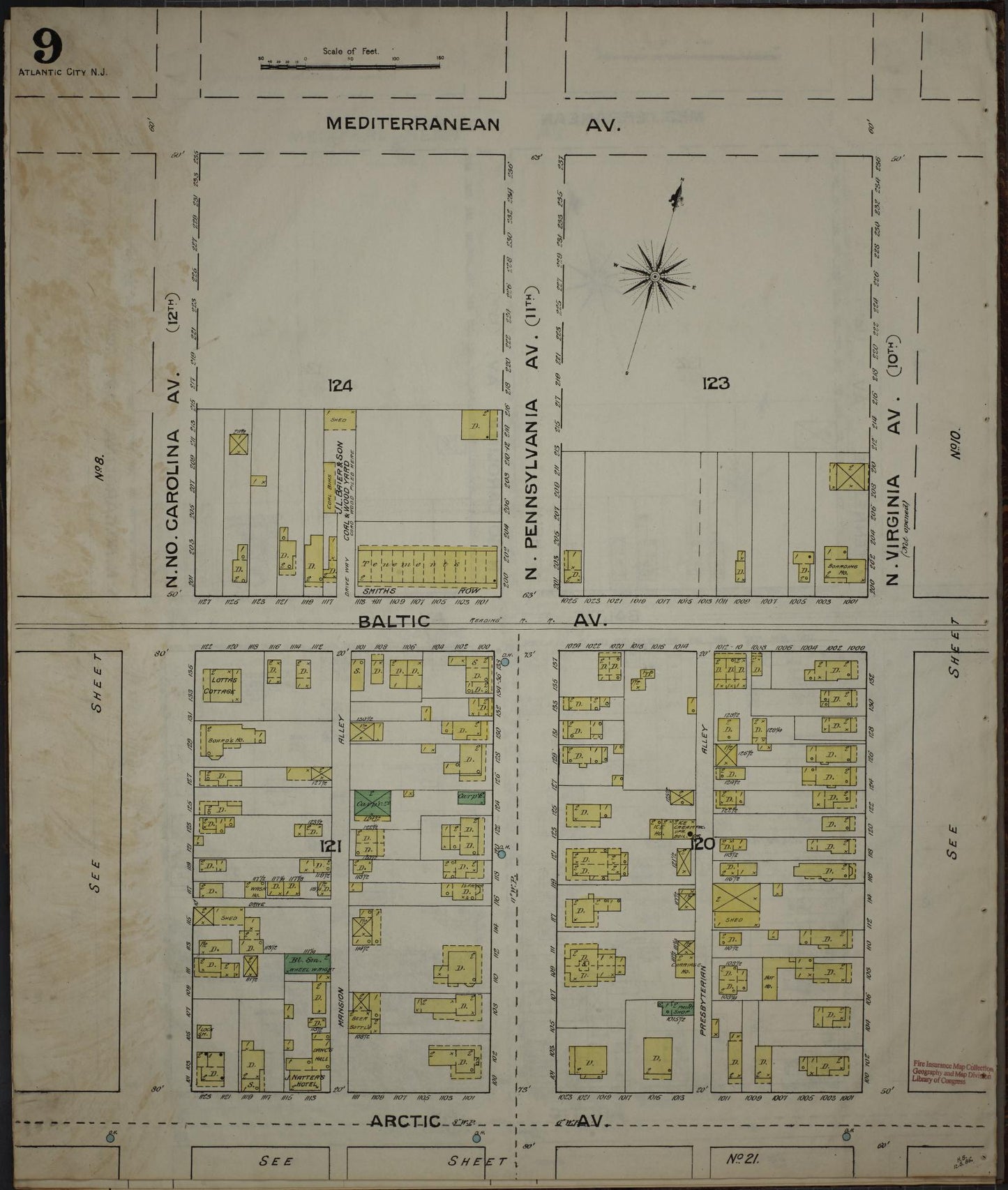 Sanborn Fire Insurance Map from Atlantic City, Atlantic County, New Jersey (1886), Sheet #0009 - Complete Map Set gallery image, historic Sanborn map, vintage wall art, New Jersey New Jersey