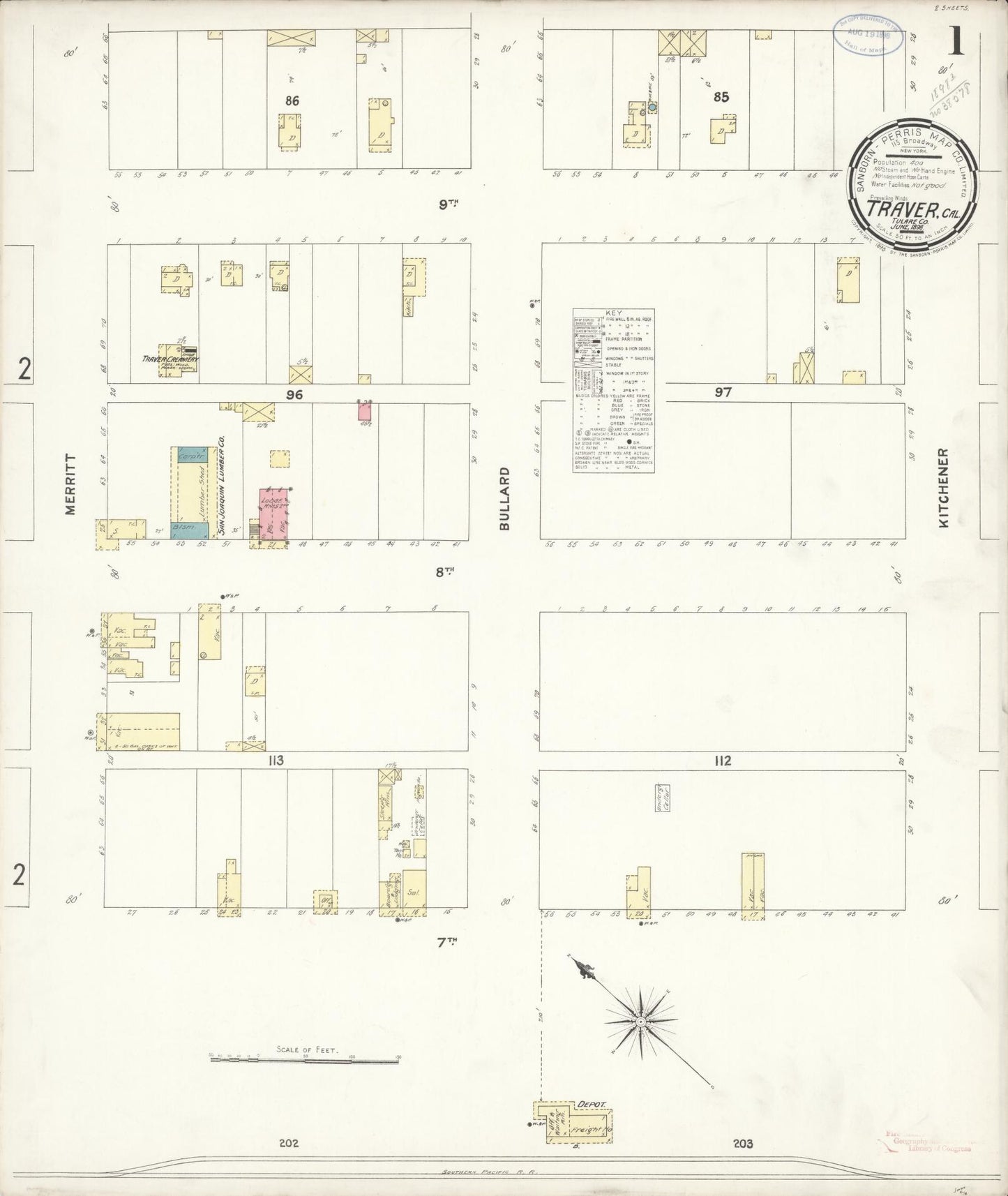 Sanborn Fire Insurance Map from Traver, Tulare County, California (1898), Sheet #0001 - Complete Map Set gallery image, historic Sanborn map, vintage wall art, California California