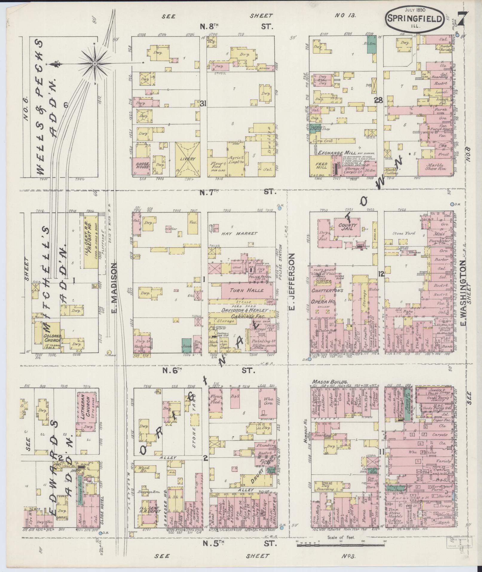 Sanborn Fire Insurance Map from Springfield, Sangamon County, Illinois (1890), Sheet #0007 - Complete Map Set gallery image, historic Sanborn map, vintage wall art, Illinois Illinois