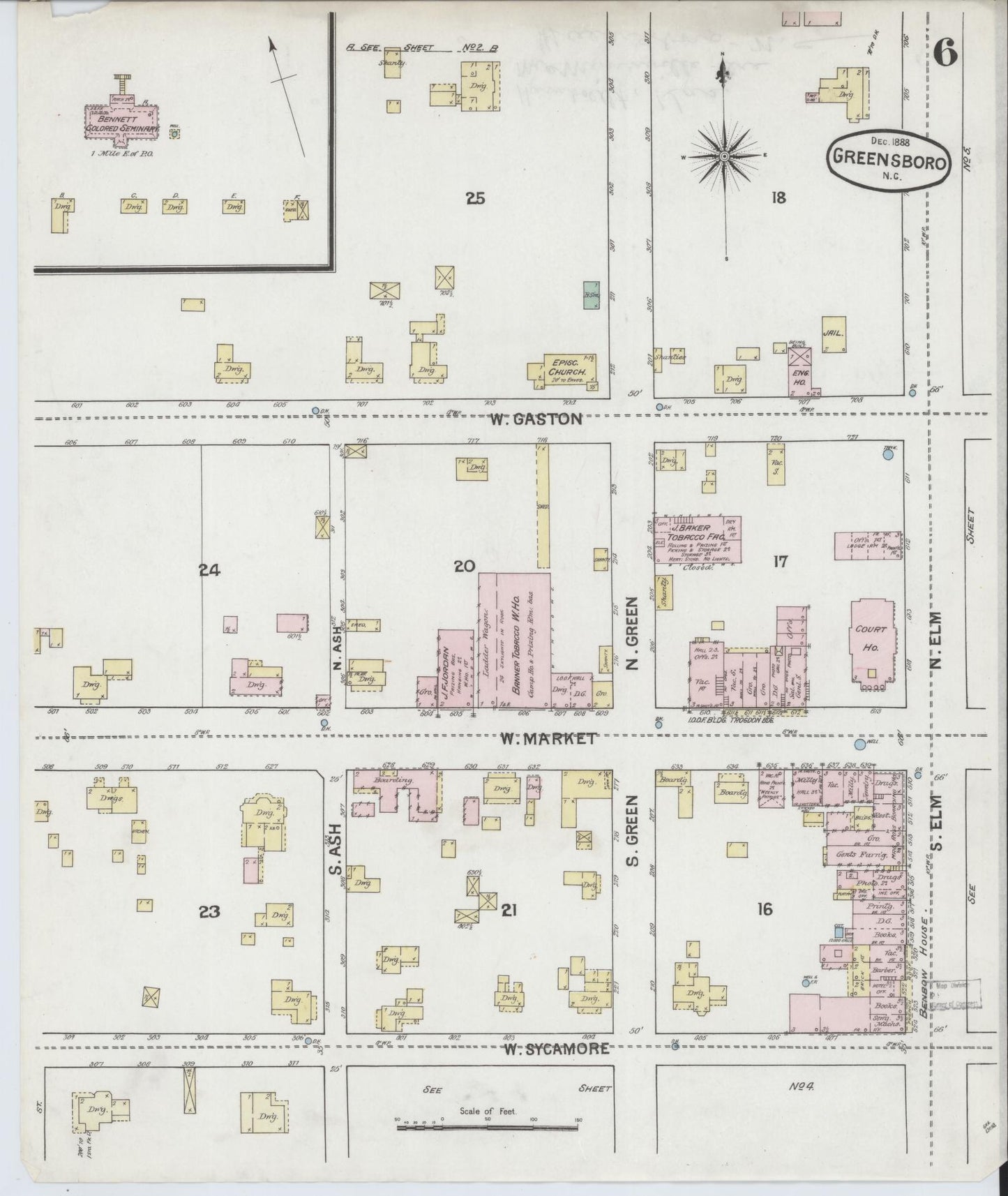 Sanborn Fire Insurance Map from Greensboro, Guilford County, North Carolina (1888), Sheet #0006 - Complete Map Set gallery image, historic Sanborn map, vintage wall art, North Carolina North Carolina