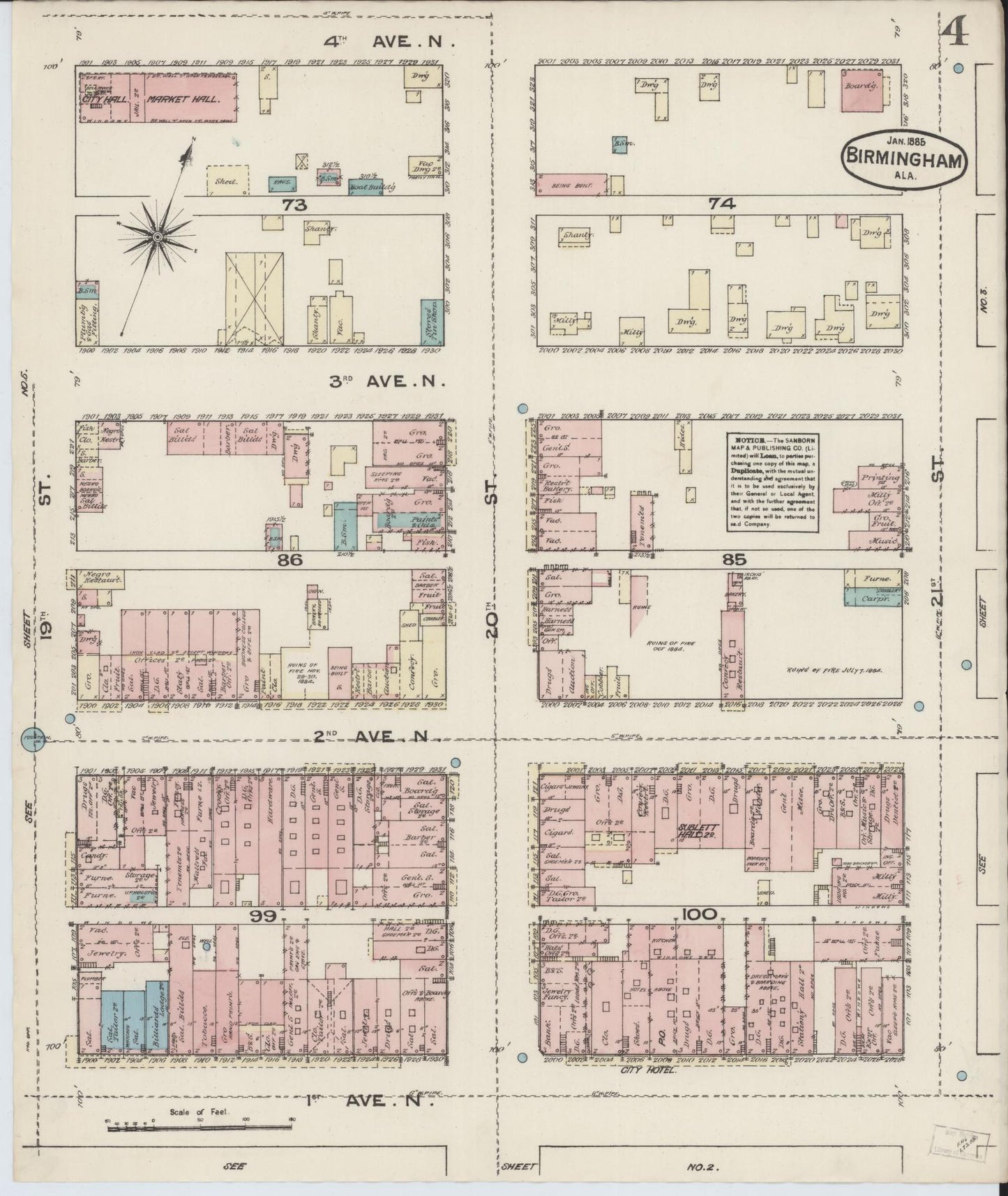 Sanborn Fire Insurance Map from Birmingham, Jefferson County, Alabama (1885), Sheet #0004 - Complete Map Set gallery image, historic Sanborn map, vintage wall art, Alabama Alabama