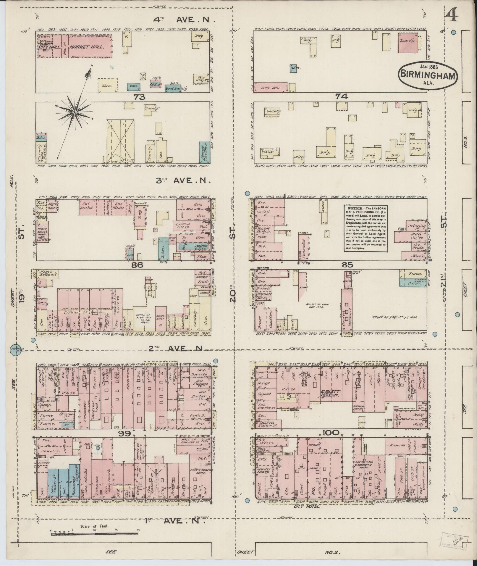 Sanborn Fire Insurance Map from Birmingham, Jefferson County, Alabama (1885), Sheet #0004 - Complete Map Set gallery image, historic Sanborn map, vintage wall art, Alabama Alabama