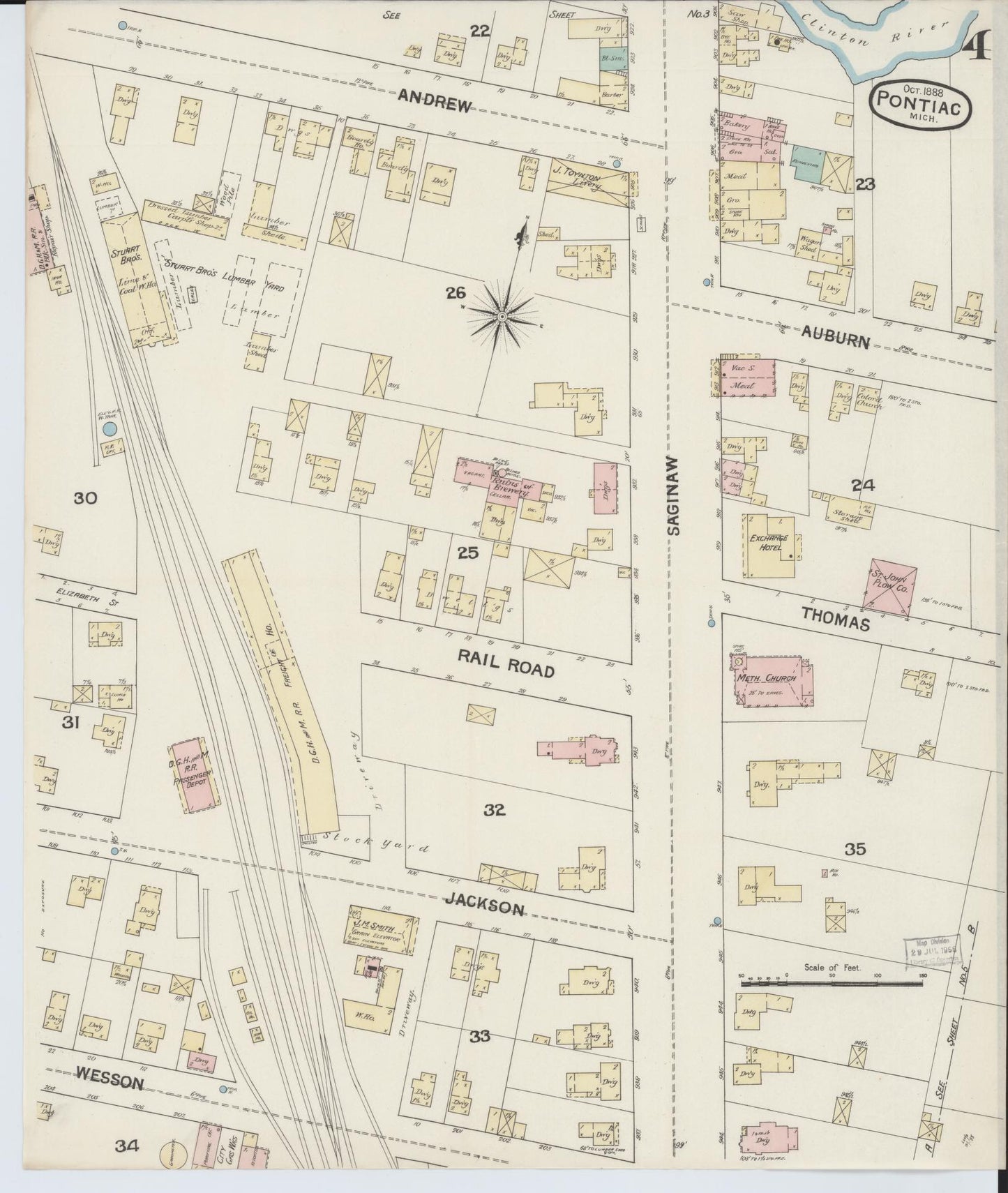 Sanborn Fire Insurance Map from Pontiac, Oakland County, Michigan (1888), Sheet #0004 - Complete Map Set gallery image, historic Sanborn map, vintage wall art, Michigan Michigan
