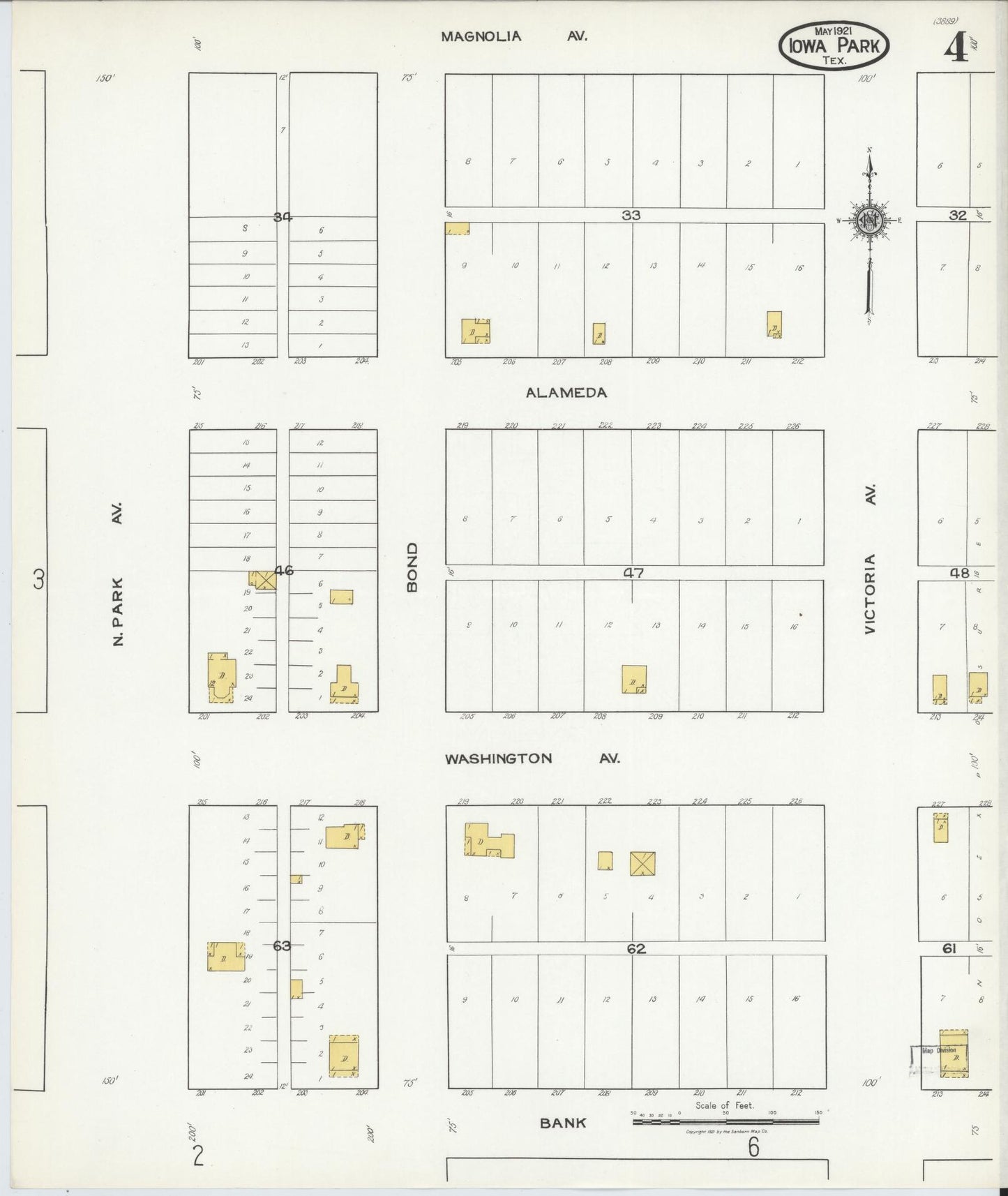 Sanborn Fire Insurance Map from Iowa Park, Wichita County, Texas (1921), Sheet #0004 - Historic Sanborn Fire Insurance Map Print, vintage old map wall art