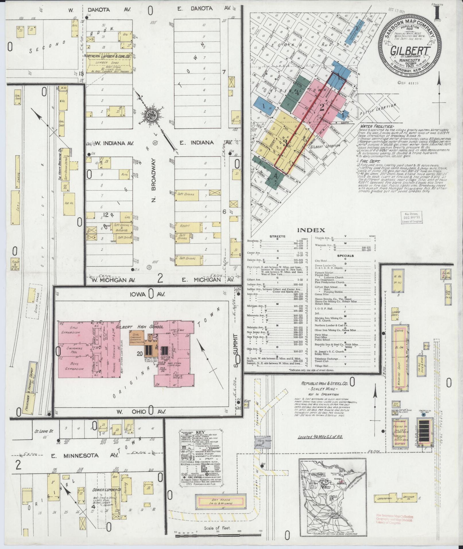 Sanborn Fire Insurance Map from Gilbert, Saint Louis County, Minnesota (1921), Sheet #0001 - Historic Sanborn Fire Insurance Map Print, vintage old map wall art, antique decor, genealogy gift, Minnesota Minnesota map