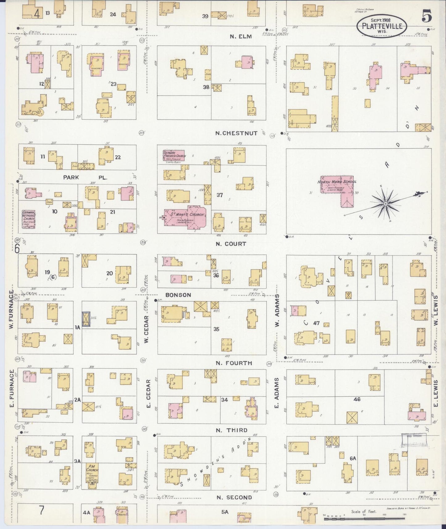 Sanborn Fire Insurance Map from Platteville, Grant County, Wisconsin (1908), Sheet #0005 - Historic Sanborn Fire Insurance Map Print, vintage old map wall art, antique decor, genealogy gift, Wisconsin Wisconsin map