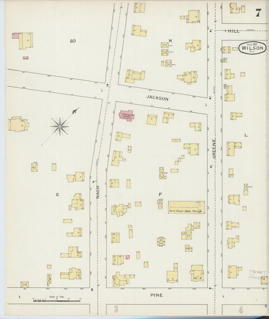 Sanborn Fire Insurance Map from Wilson, Wilson County, North Carolina (1893), Sheet #0007 - Historic Sanborn Fire Insurance Map Print, vintage old map wall art, antique decor, genealogy gift, North Carolina North Carolina map