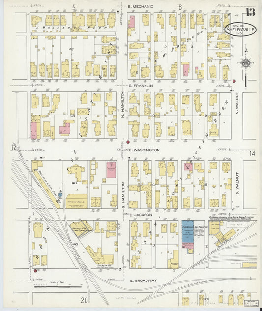Sanborn Fire Insurance Map from Shelbyville, Shelby County, Indiana (1916), Sheet #0013 - Historic Sanborn Fire Insurance Map Print, vintage old map wall art, antique decor, genealogy gift, Indiana Indiana map