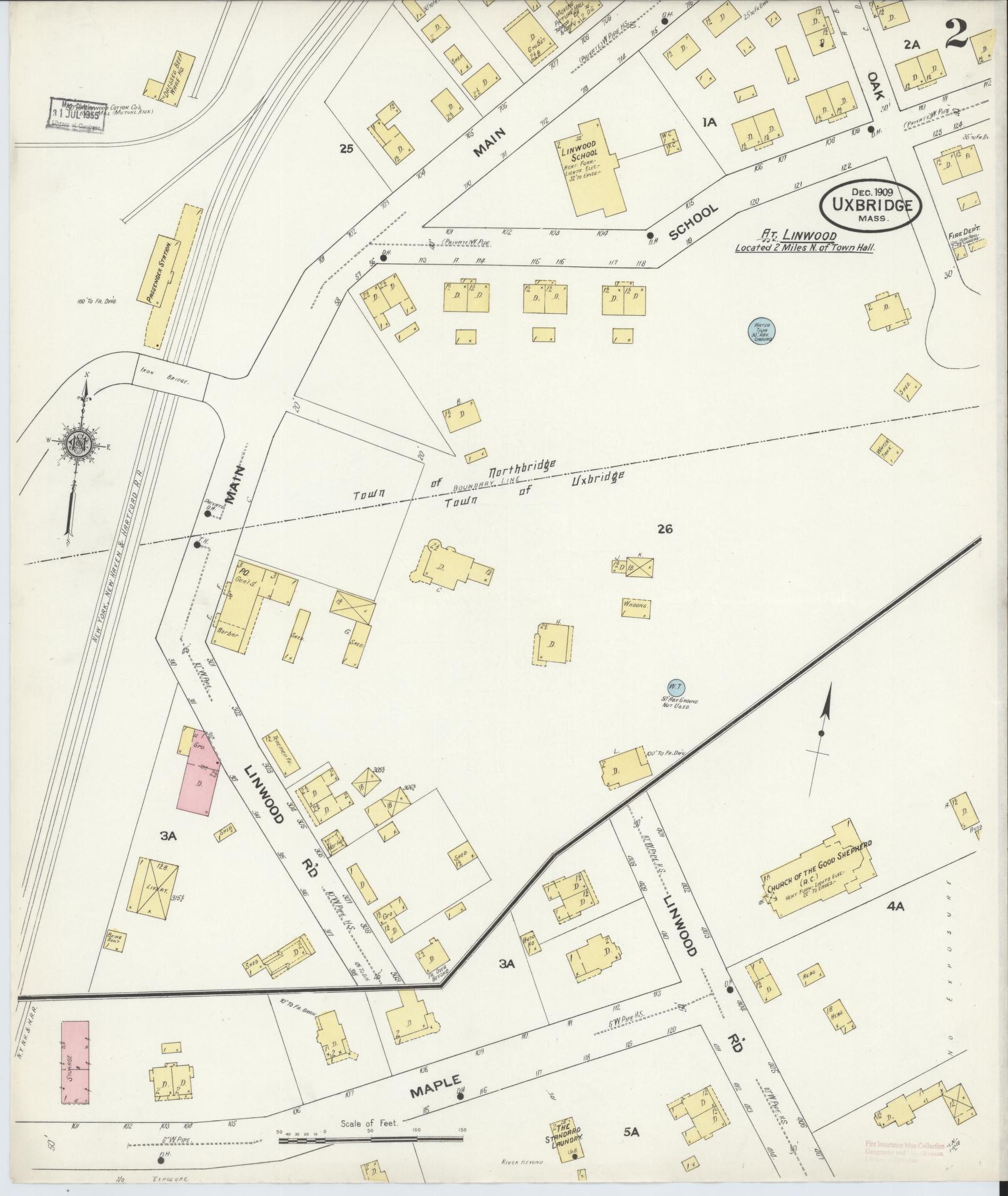 Sanborn Fire Insurance Map from Uxbridge, Worcester County, Massachusetts (1909), Sheet #0002 - Historic Sanborn Fire Insurance Map Print, vintage old map wall art, antique decor, genealogy gift, Massachusetts Massachusetts map