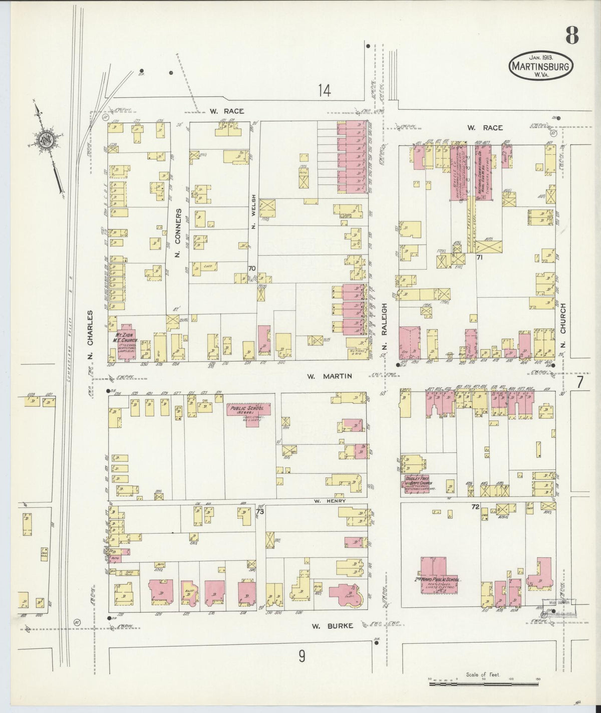 Sanborn Fire Insurance Map from Martinsburg, Berkeley County, West Virginia (1913), Sheet #0008 - Complete Map Set gallery image, historic Sanborn map, vintage wall art, West Virginia West Virginia