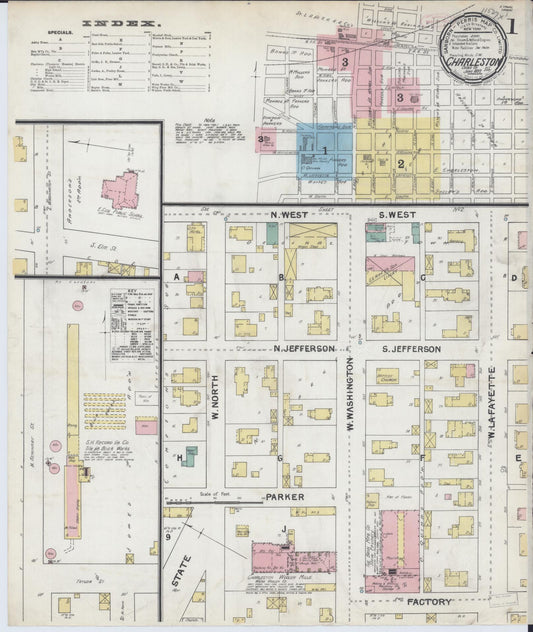 Sanborn Fire Insurance Map from Charleston, Coles County, Illinois (1892), Sheet #0001 - Complete Map Set gallery image, historic Sanborn map, vintage wall art, Illinois Illinois