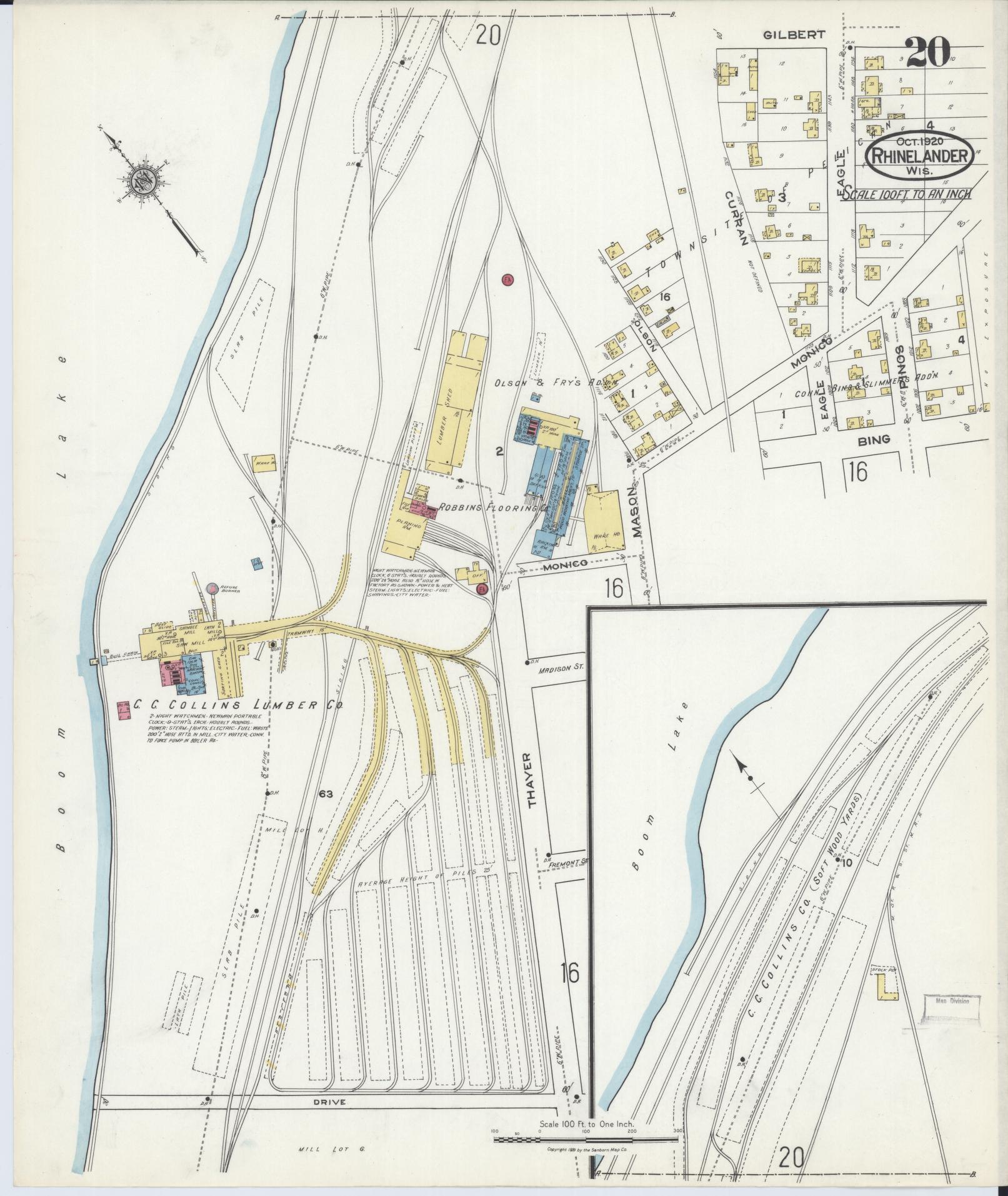 Sanborn Fire Insurance Map from Rhinelander, Oneida County, Wisconsin (1920), Sheet #0020 - Complete Map Set gallery image, historic Sanborn map, vintage wall art, Wisconsin Wisconsin