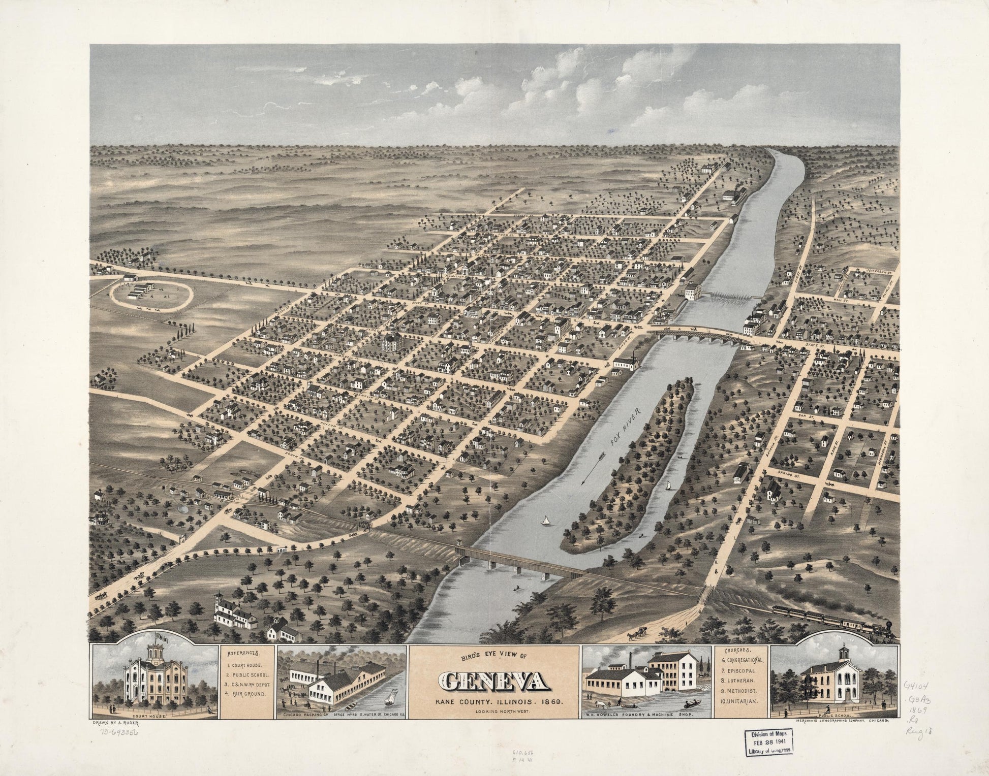 Bird's eye view of Geneva, Kane County, Illinois 1869. (1869) – Historic Bird’s-Eye View Panorama Print
