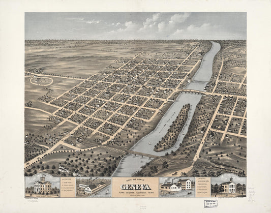 Bird's eye view of Geneva, Kane County, Illinois 1869. (1869) – Historic Bird’s-Eye View Panorama Print