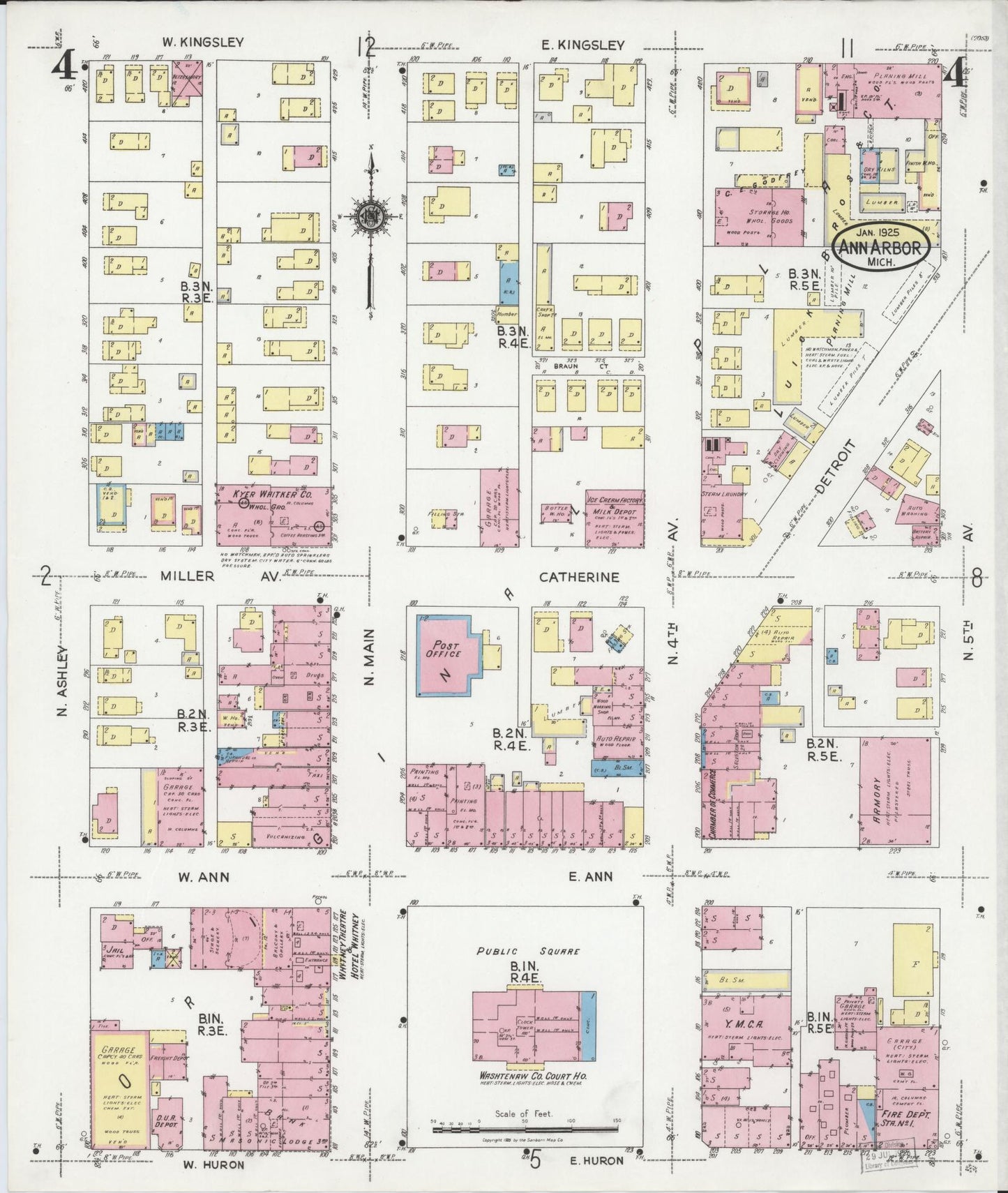 Sanborn Fire Insurance Map from Ann Arbor, Washtenaw County, Michigan (1925), Sheet #0004 - Historic Sanborn Fire Insurance Map Print, vintage old map wall art, antique decor, genealogy gift, Michigan Michigan map