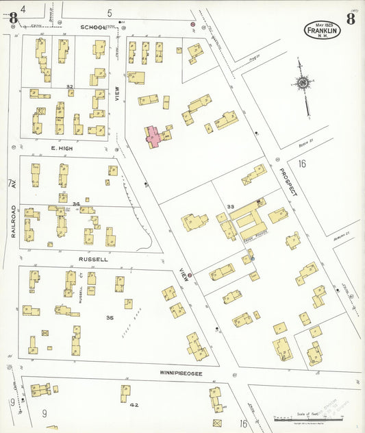 Sanborn Fire Insurance Map from Franklin, Merrimack County, New Hampshire (1923), Sheet #0008 - Historic Sanborn Fire Insurance Map Print, vintage old map wall art, antique decor, genealogy gift, New Hampshire New Hampshire map