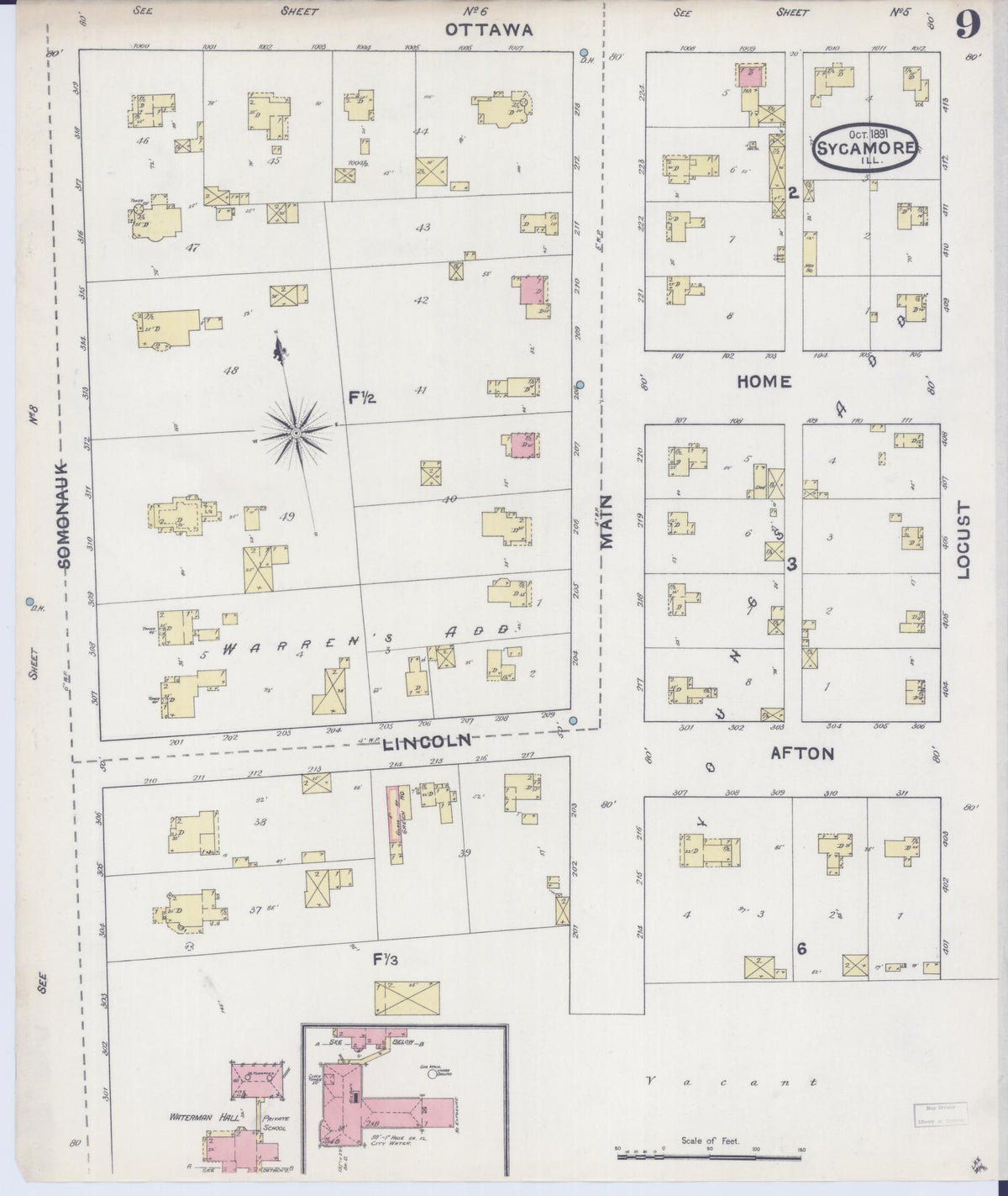 Sanborn Fire Insurance Map from Sycamore, De Kalb County, Illinois (1891), Sheet #0009 - Complete Map Set gallery image, historic Sanborn map, vintage wall art, Illinois Illinois