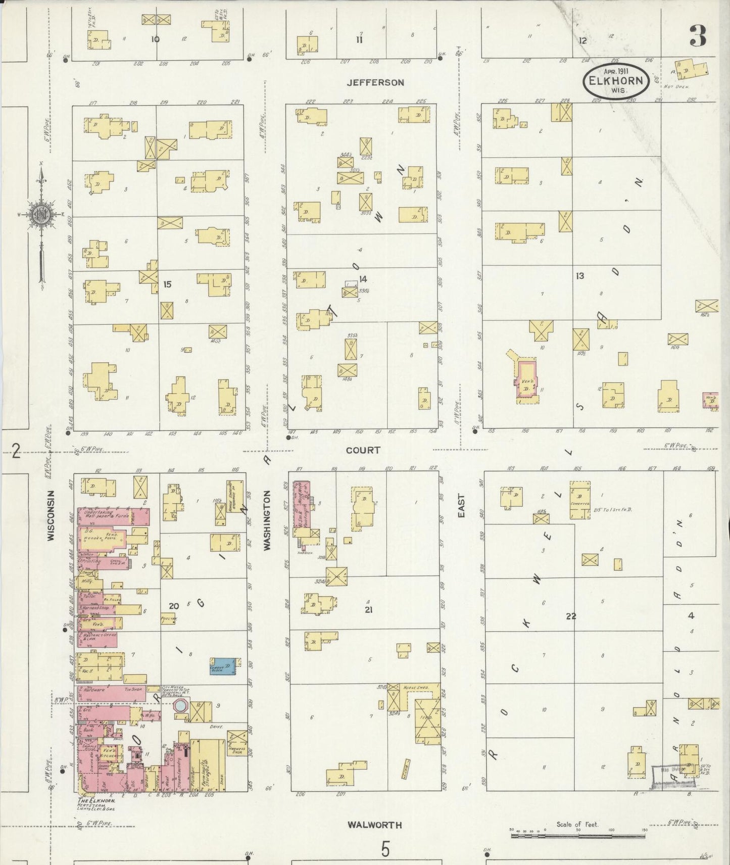 Sanborn Fire Insurance Map from Elkhorn, Walworth County, Wisconsin (1911), Sheet #0003 - Complete Map Set gallery image, historic Sanborn map, vintage wall art, Wisconsin Wisconsin