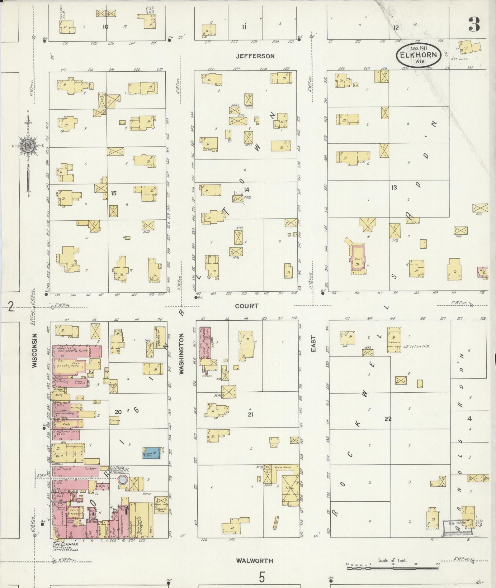 Sanborn Fire Insurance Map from Elkhorn, Walworth County, Wisconsin (1911), Sheet #0003 - Complete Map Set gallery image, historic Sanborn map, vintage wall art, Wisconsin Wisconsin