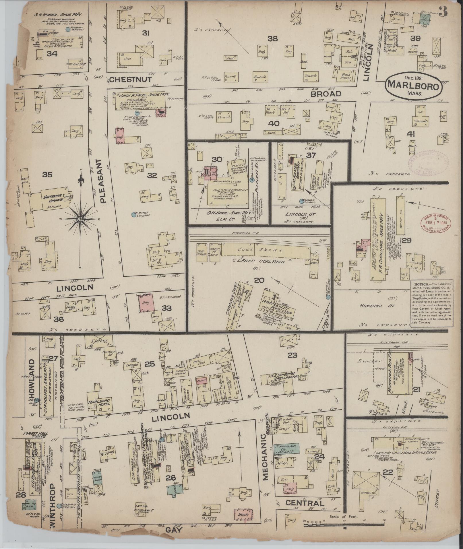 Sanborn Fire Insurance Map from Marlborough, Middlesex  County, Massachusetts (1881), Sheet #0003 - Historic Sanborn Fire Insurance Map Print, vintage old map wall art, antique decor, genealogy gift, Massachusetts Massachusetts map