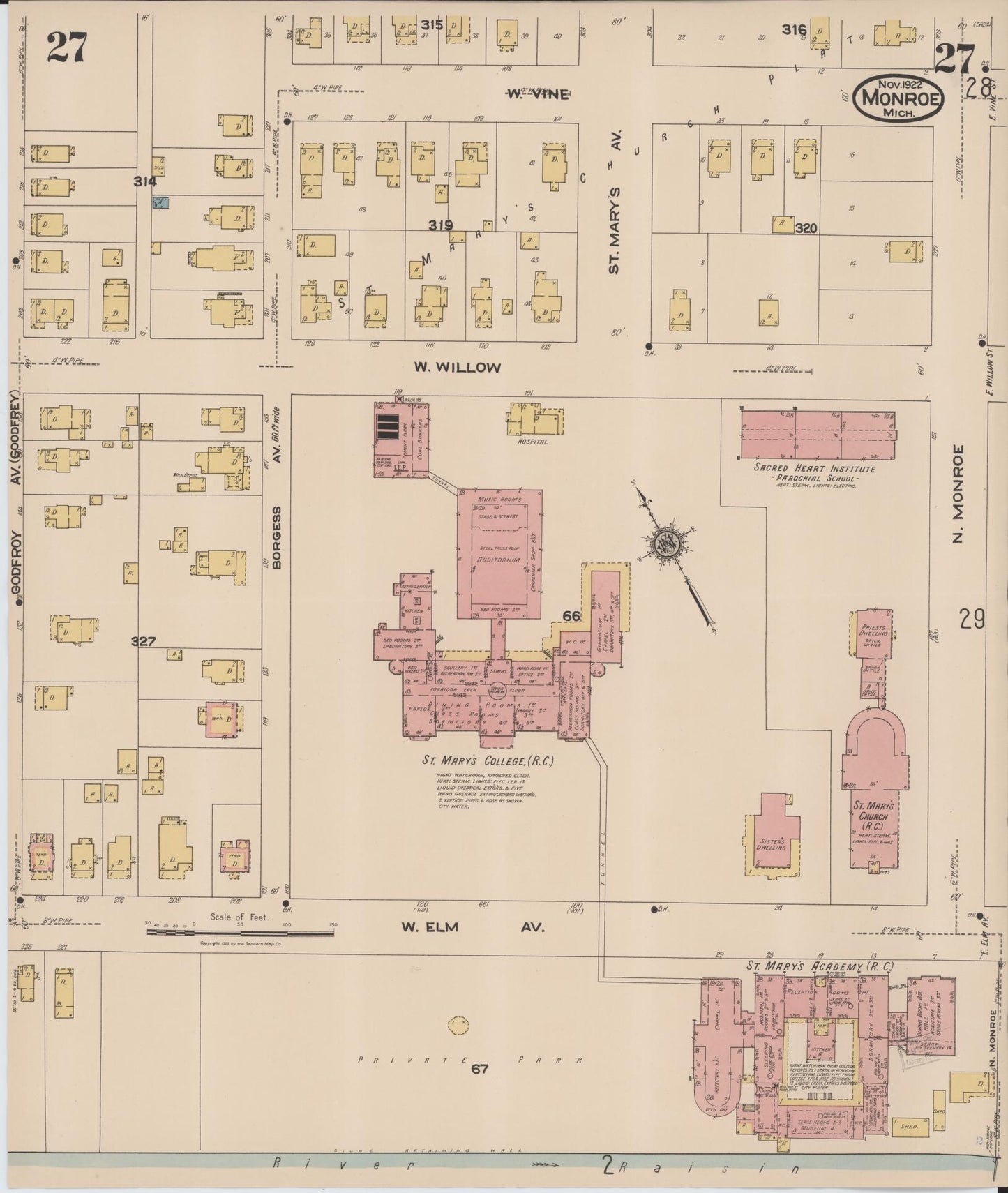 Sanborn Fire Insurance Map from Monroe, Monroe County, Michigan (1922), Sheet #0027 - Complete Map Set gallery image, historic Sanborn map, vintage wall art, Michigan Michigan